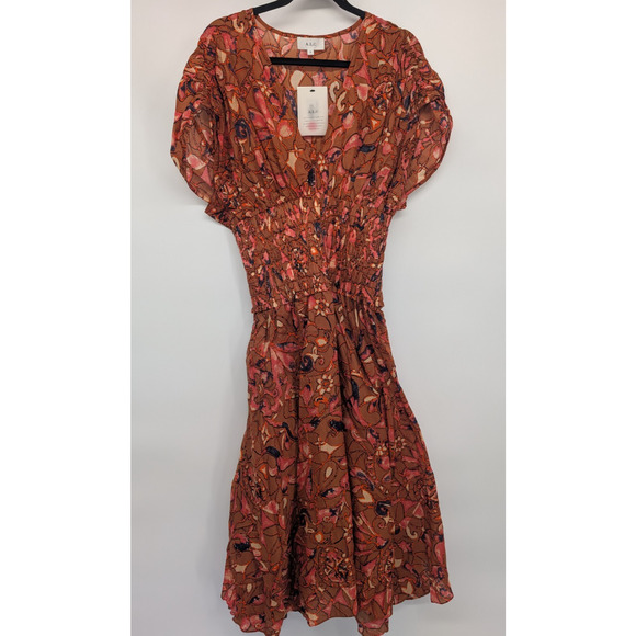 NWT A.L.C. Lucia Smocked V-Neck Midi Dress Size 10 Bronze Multicolor 1B460 - Picture 4 of 10
